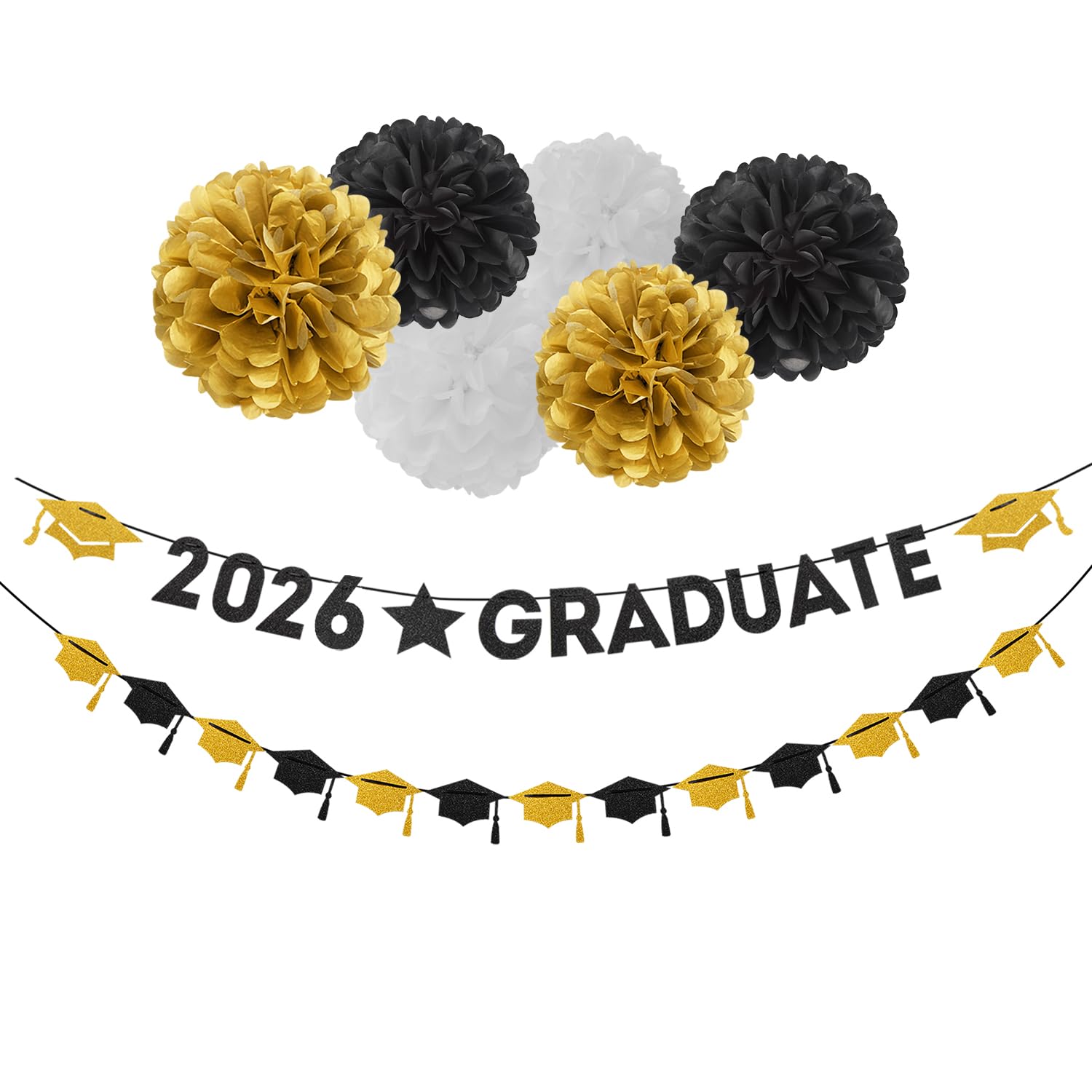 Black White-Gold Party-Decoration Graduation Banner - 8pcs Kits Cap Garland Streamers, Paper Tissue Pom Poms Flowers, 2025 Graduate Banner