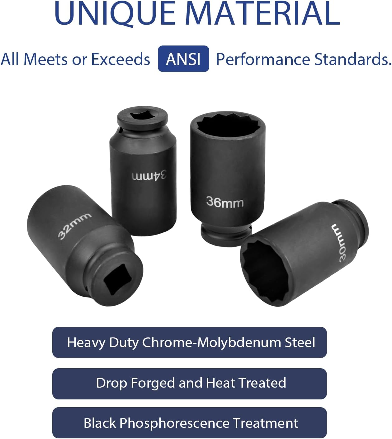 Impact Socket Set,1/2 inch Drive Spindle Axle Nut Socket Set 4PC 12 Point Metric 30mm 32mm 34mm 36mm