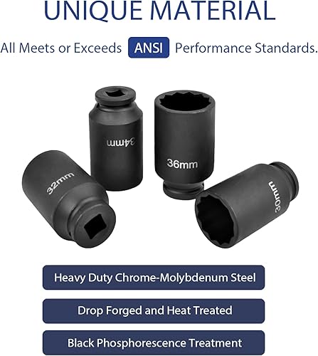 Miniatura 10 de higehio Juego de dados de tuerca de eje de 12 puntos con accionamiento de 12 pulgada, juego de llaves métricas de impacto profundo de 1.181 in,