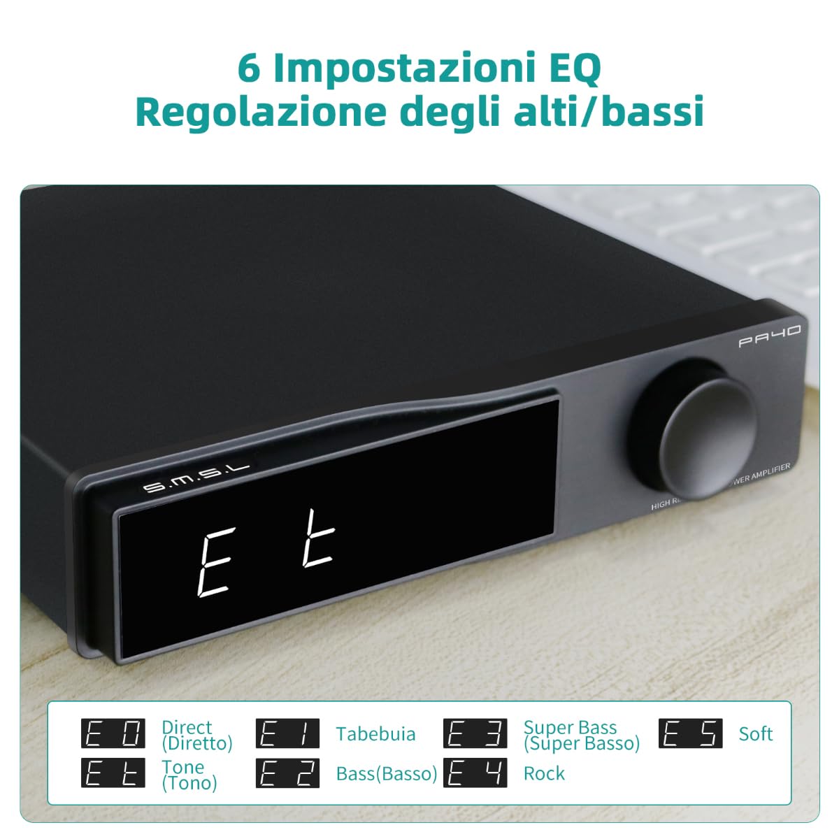 SMSL PA40 Amplificatore di potenza in classe D, amplificatore stereo 165Wx2 per altoparlanti passivi, con chip MA5332/ Controlli EQ/Bassi/Alti/Alimentazione integrata