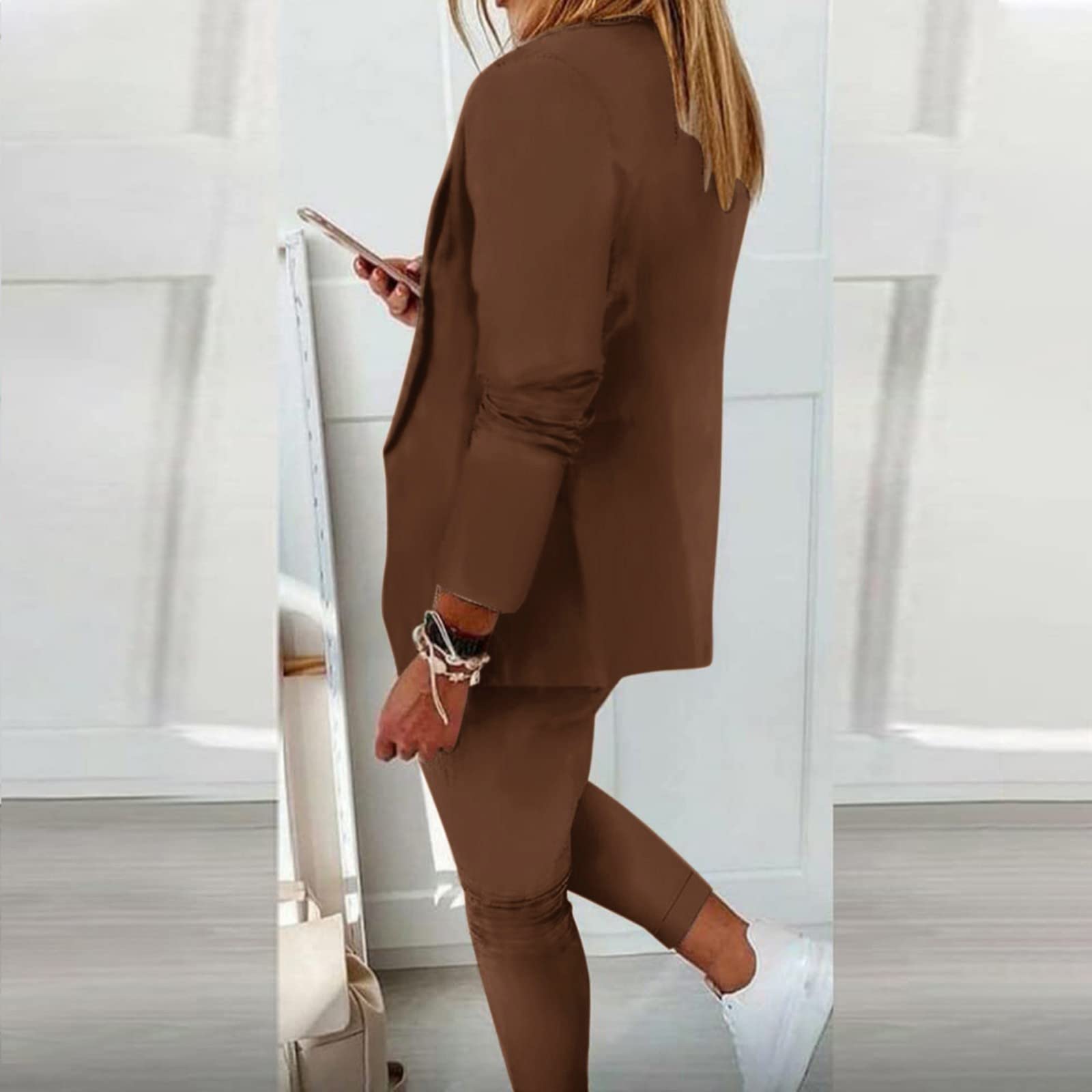 Générique Ensemble 2 Pièces Femme Coton Tunique et Pantalon Décontracté Manches Longues Coupe Droite Cordon de Serrage Fluide Uni Été Grande Taille A133