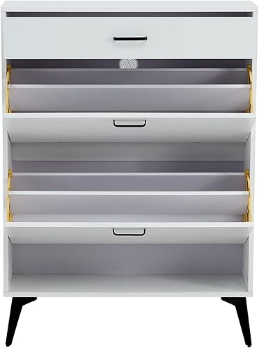 Vista 26 de Armario de almacenamiento de zapatos de madera con 2 cajones abatibles, armario de zapatos independiente con cajón y estantes de almacenamiento