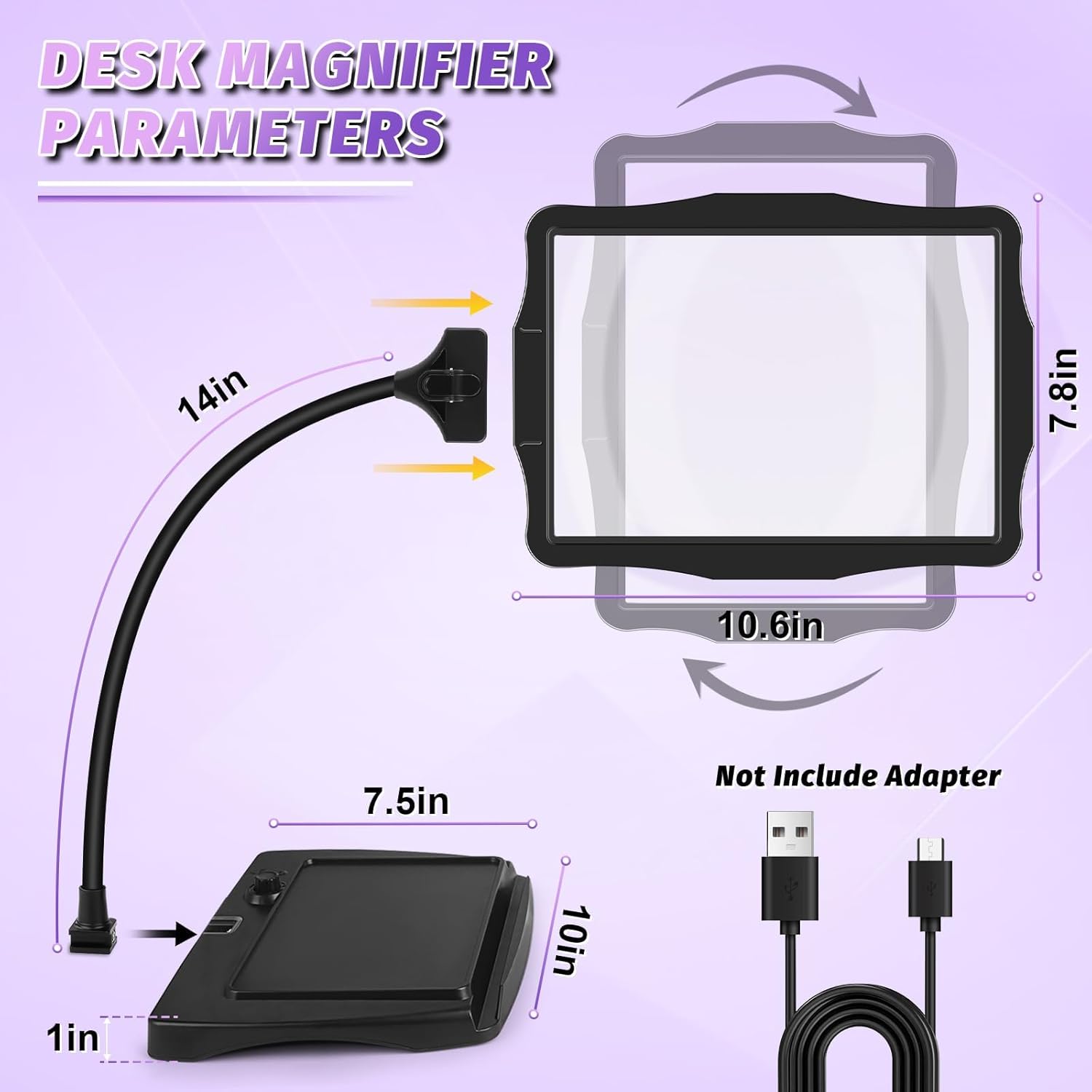 Large 5X Rechargeable Magnifying Glass with Light and Stand, 50 LED Flexible Gooseneck Hands Free Magnifying Desk Lamp,Full Large Page Magnifier for Reading,Sewing,Crafts,Painting,DIY