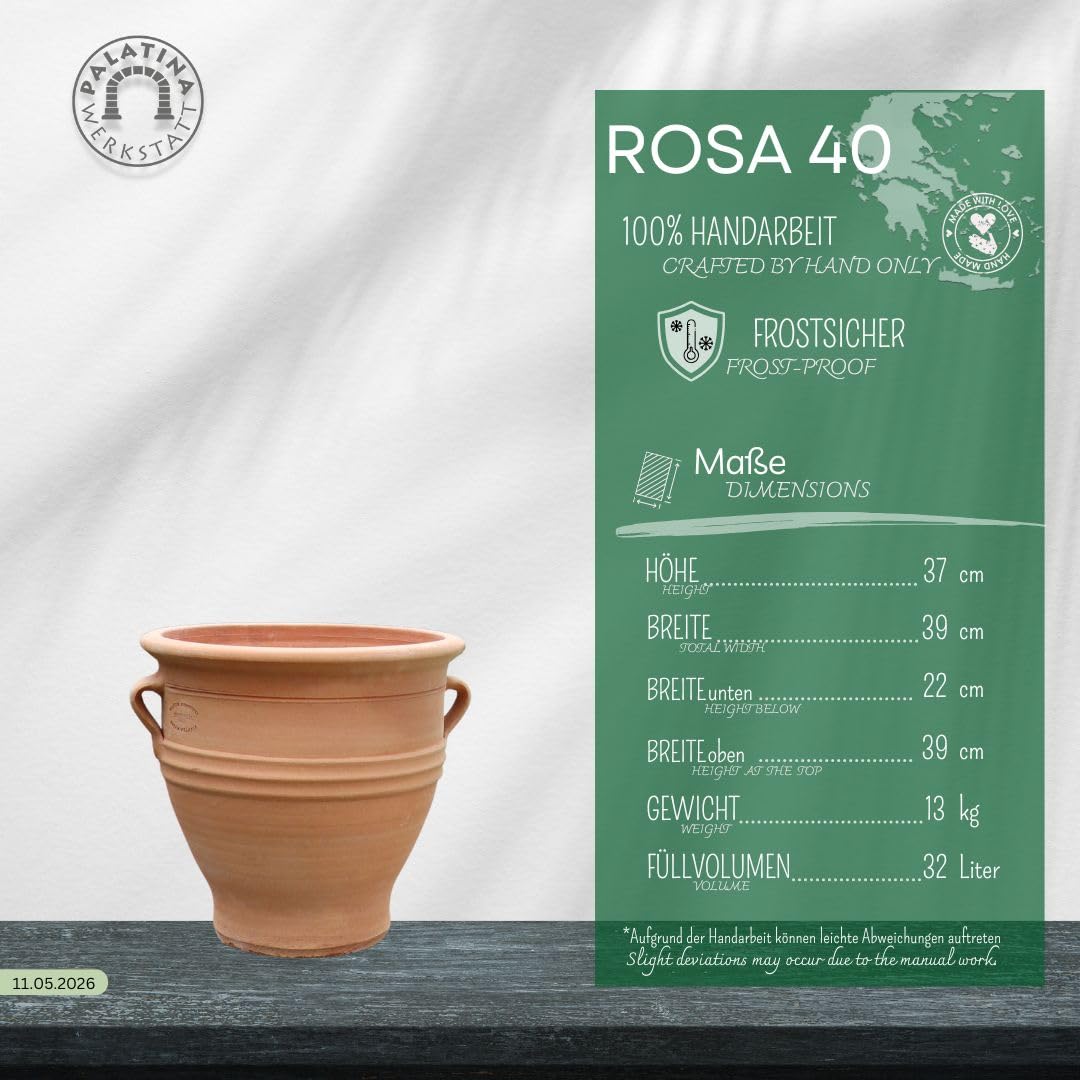 100% ręcznie wykonana donica z terakoty, różowa, 40 cm, z Grecji - ekskluzywna i naturalna atmosfera do Twojego ogrodu i domu