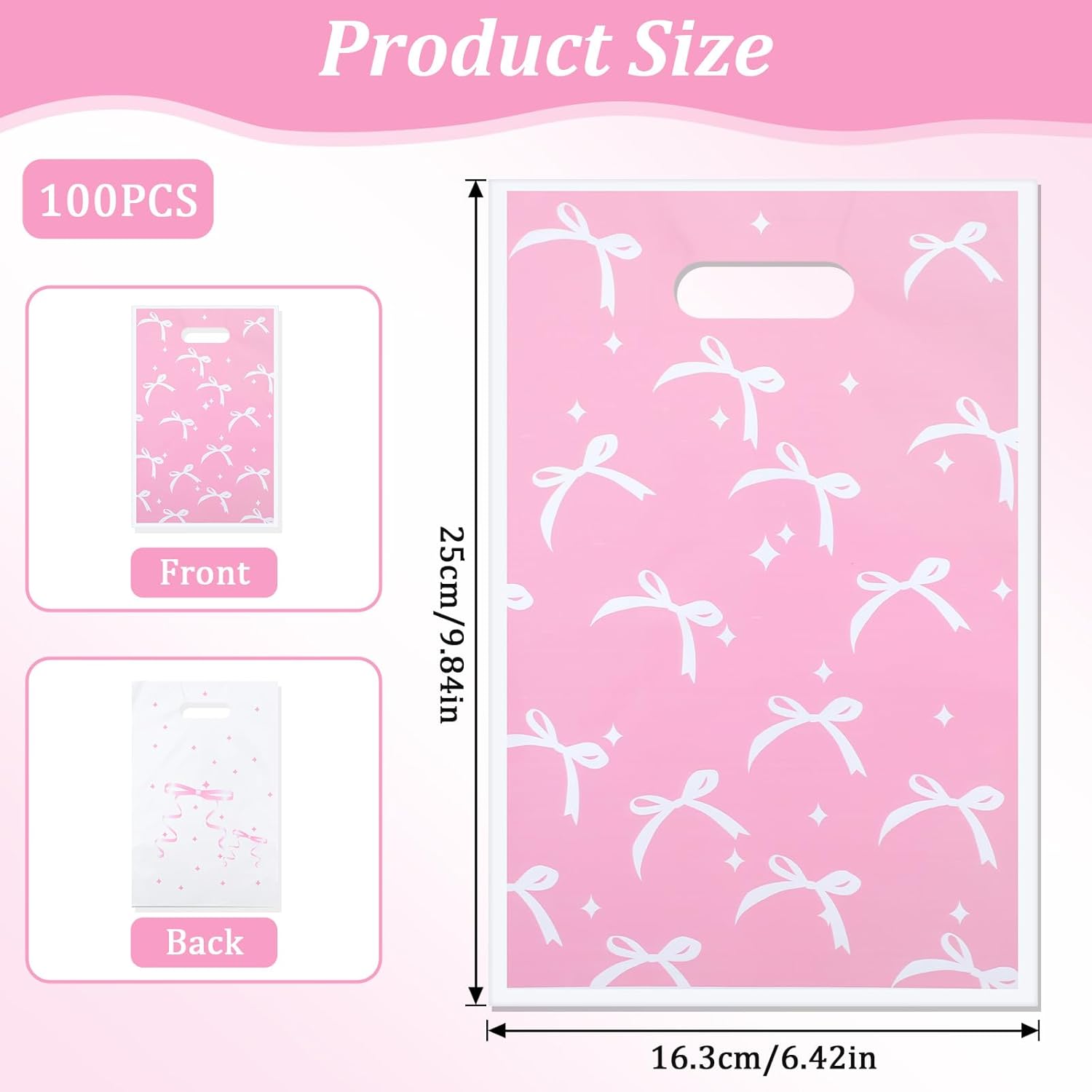LXUEJIE 100Pcs Pink Bow Goodie Bags, Cute Bow Gift Pouches, Plastic Goodie Treat Candy Bag Girls Birthday Gifts Wrapping Bag for Wedding Baby Shower Engagement Party Supplies - Image 2