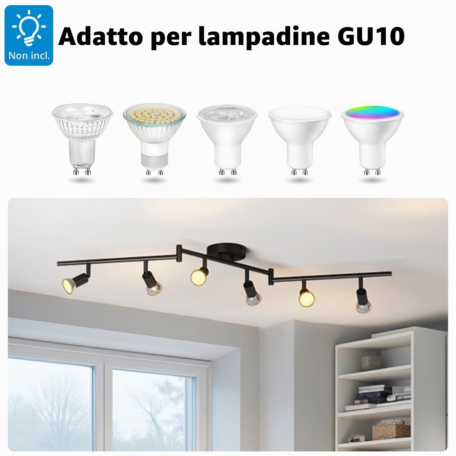 LVWIT Faretti LED da Soffitto Orientabili con 6 Luci GU10, Faretto da Interno Nero Moderna, Faretti Soffitto per Barra, Salotto,Cameretta, Cucina (Senza Lampadina)