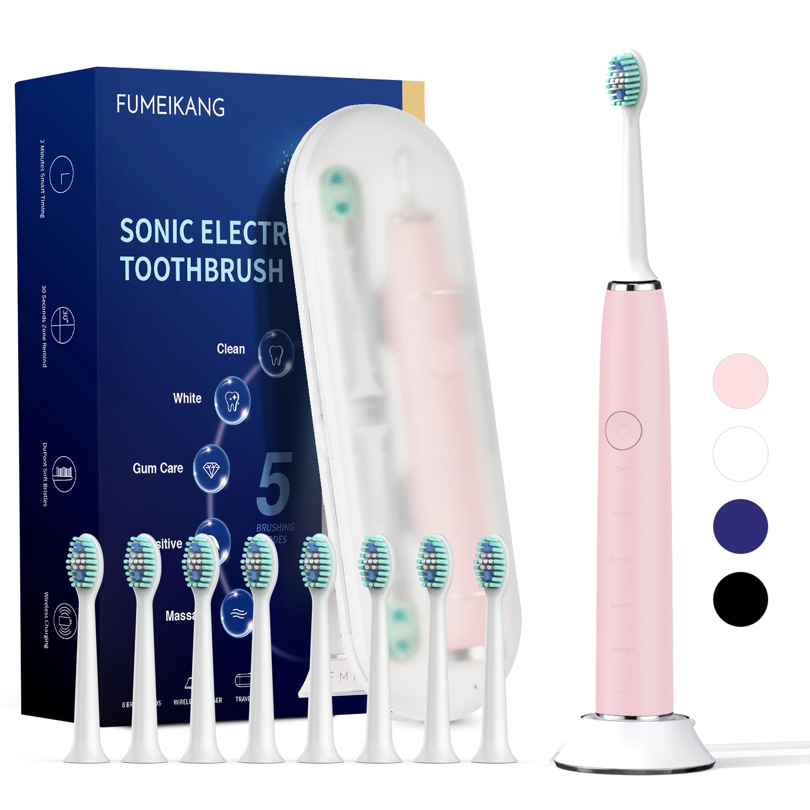 Photo 1 of FUMEIKANG Sonic Electric Toothbrushes with 8 Heads for Adults and Kids Power Rechargeable Toothbrush with Travel Case 2 Mintues Smart Timer Wireless Sonic Tooth Brushing-Pink