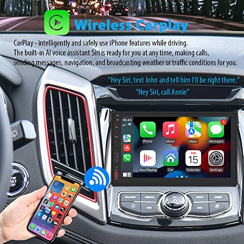 [Upgrade] Wireless Carplay/Android Auto, 7 Inch Double Din Car Stereo With Lcd Touchscreen, Fm/Am Radio With Bluetooth 5.1 Handsfree, Type-C Charge, Phone-Link, Hd Whaterproof Backup Camera #TOP1