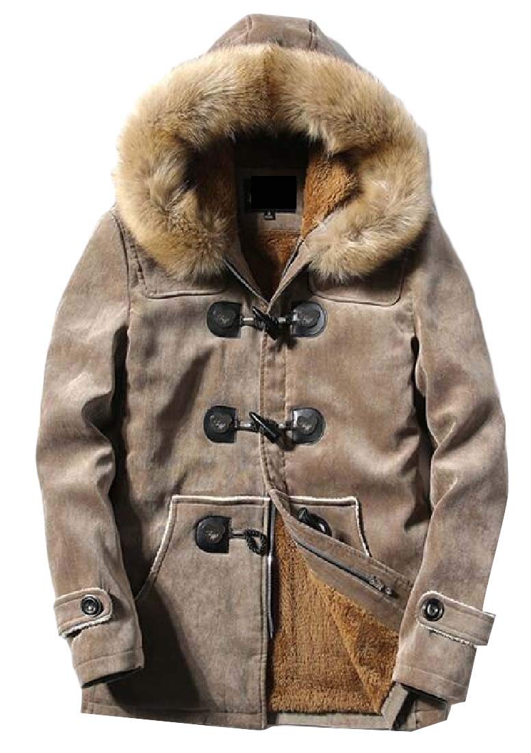KLJR MenFaux-Fur-Hood Fall & Winter Overcoat Pu Leather Horn Button Fleece-Lined Quilted Jacket Coat Outerwear Khaki S