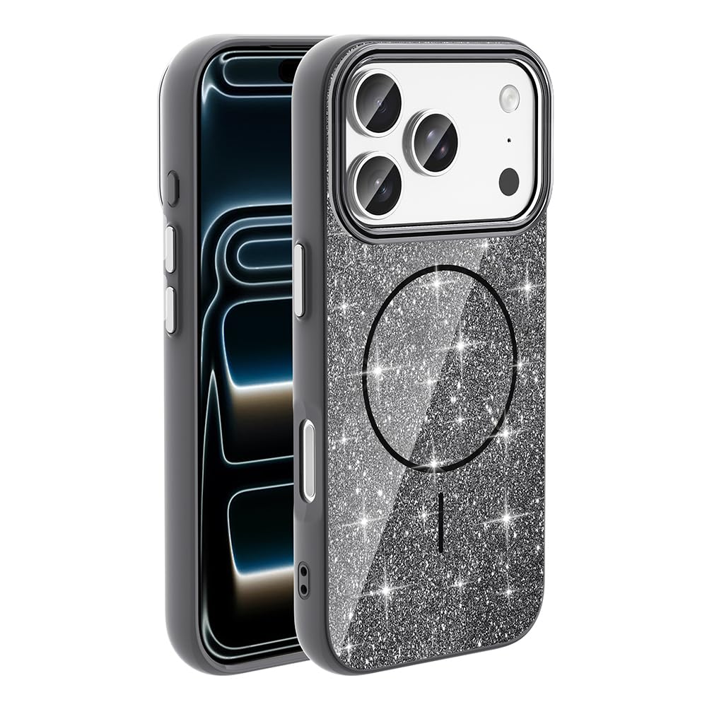 Zore Apple ile uyumlu iPhone 17 Pro Max Kılıf M-safe Şarj Özellikli Parlayan Simli Zore Okso Kapak Siyah