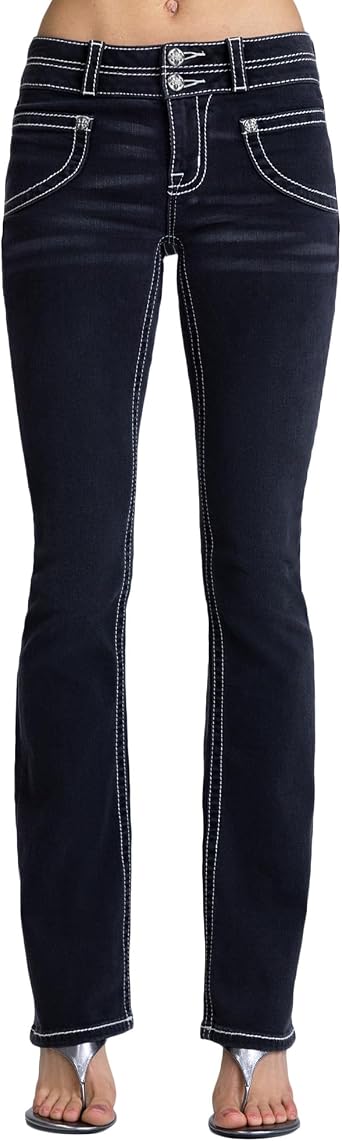 Miss Me Womens Ebony Bootcut Jeans, Mid-Rise Double-Waistband Denim