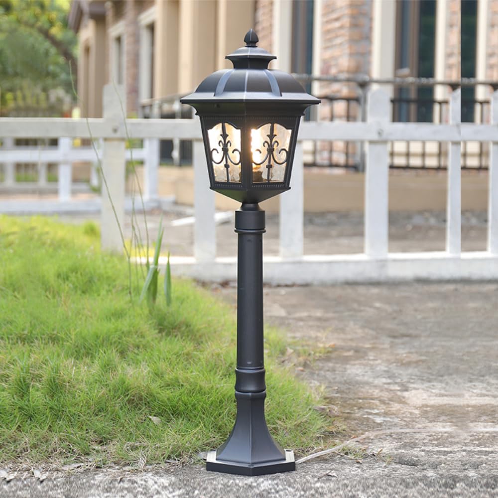 XINYASEE Lampione da esterno in alluminio nero, impermeabile, con paralume in vetro satinato; Palo luminoso a palo E27, ideale per cortili, vialetti, cortili e vialetti del giardino