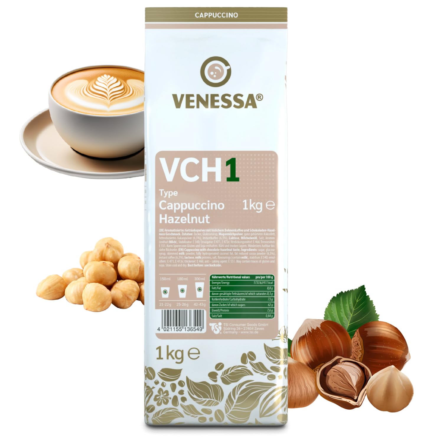VENESSA VCH1 Cappuccino orzech laskowy, 5 x 1 kg, kawa rozpuszczalna o smaku orzecha laskowego, wydajnie rozpuszczalna, aromatyczna, kremowa, nadaje się do wszystkich ekspresów do kawy i Vending