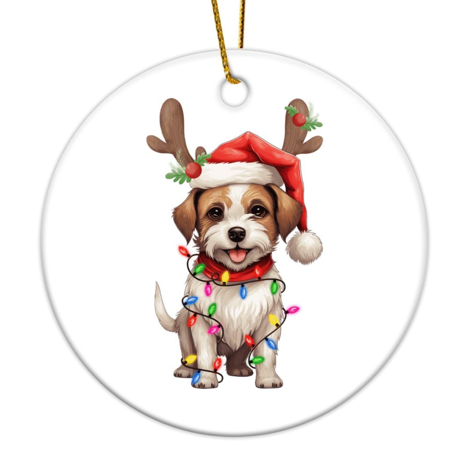 Jack Russell Terrier with Antlers Christmas Ornaments Dog Mom Dog Dad Puppy Lover Round Porcelain Pendant Ceramic Porcelain Decorative Souvenir for Holiday Christmas Tree Party Decorations