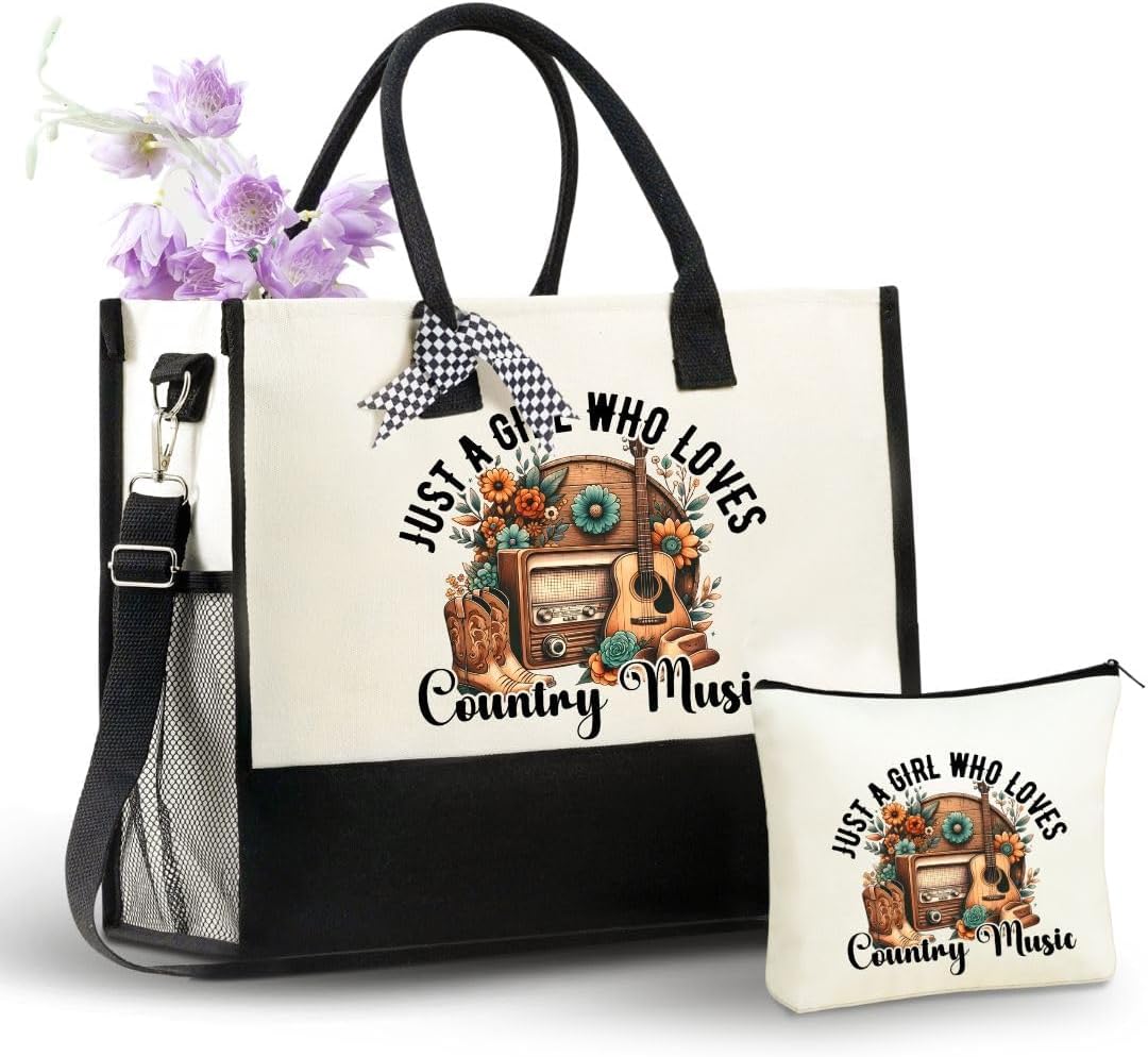 InnoBeta Country Music Gifts for Women, Gifts for Country Music Lovers, Canvas Tote Bag for Girls Mom, Grandma, Bag with Top Zipper Closure and Shoulder Strap for Thanksgiving, Birthday, Christmas