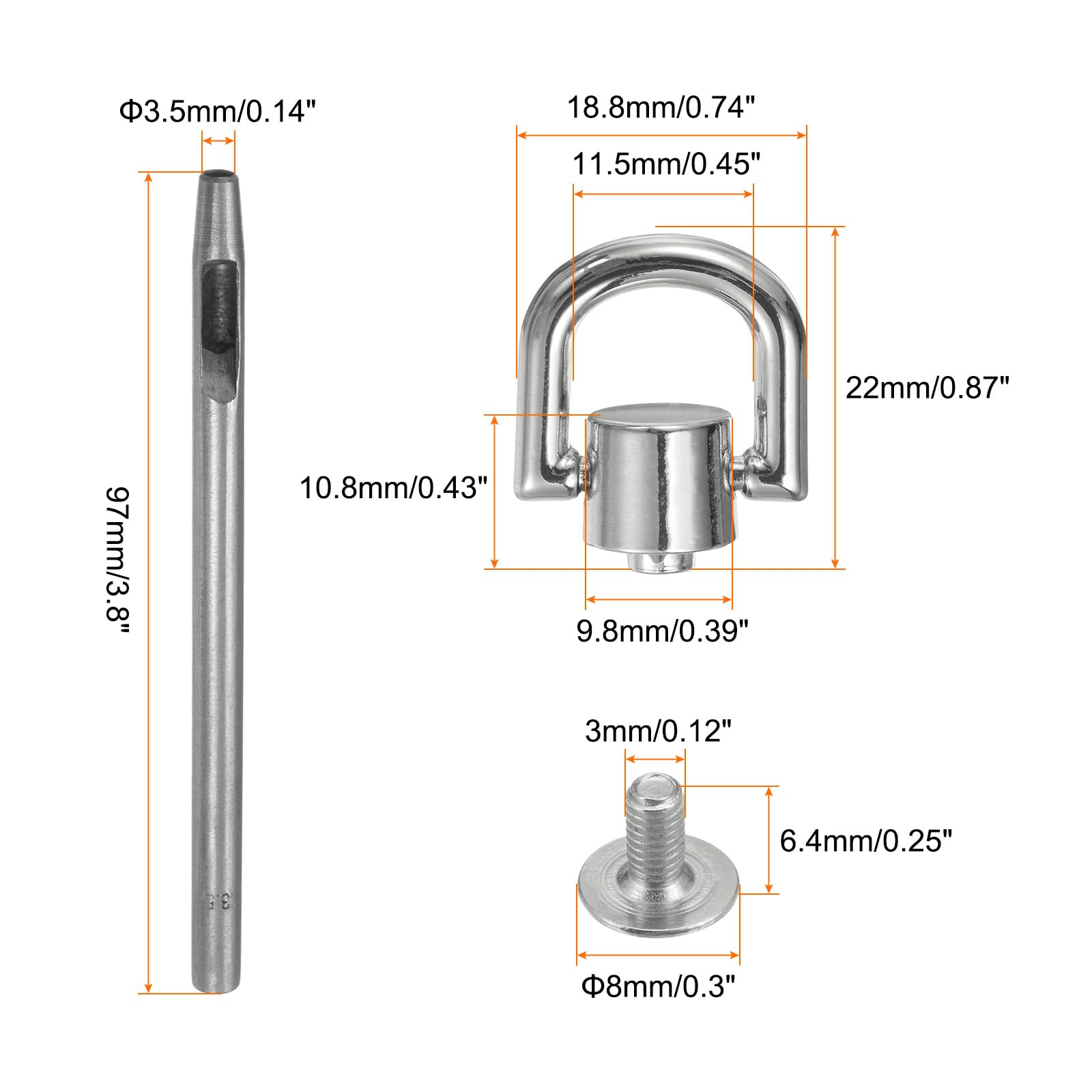 HARFINGTON 6pcs Metal Studs Rivets 8mm D-Ring Button Rivets with 3.5mm Leather Hole Punch for Leather Craft, Dim Gray