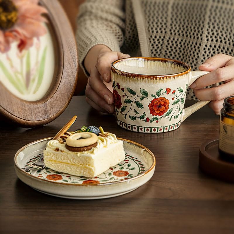 Porcelanowy kubek do kawy ze spodkiem, Średniowieczne ceramiczne filiżanki Latte Art ze spodkami do kawy zestaw domowej restauracji(Style1)