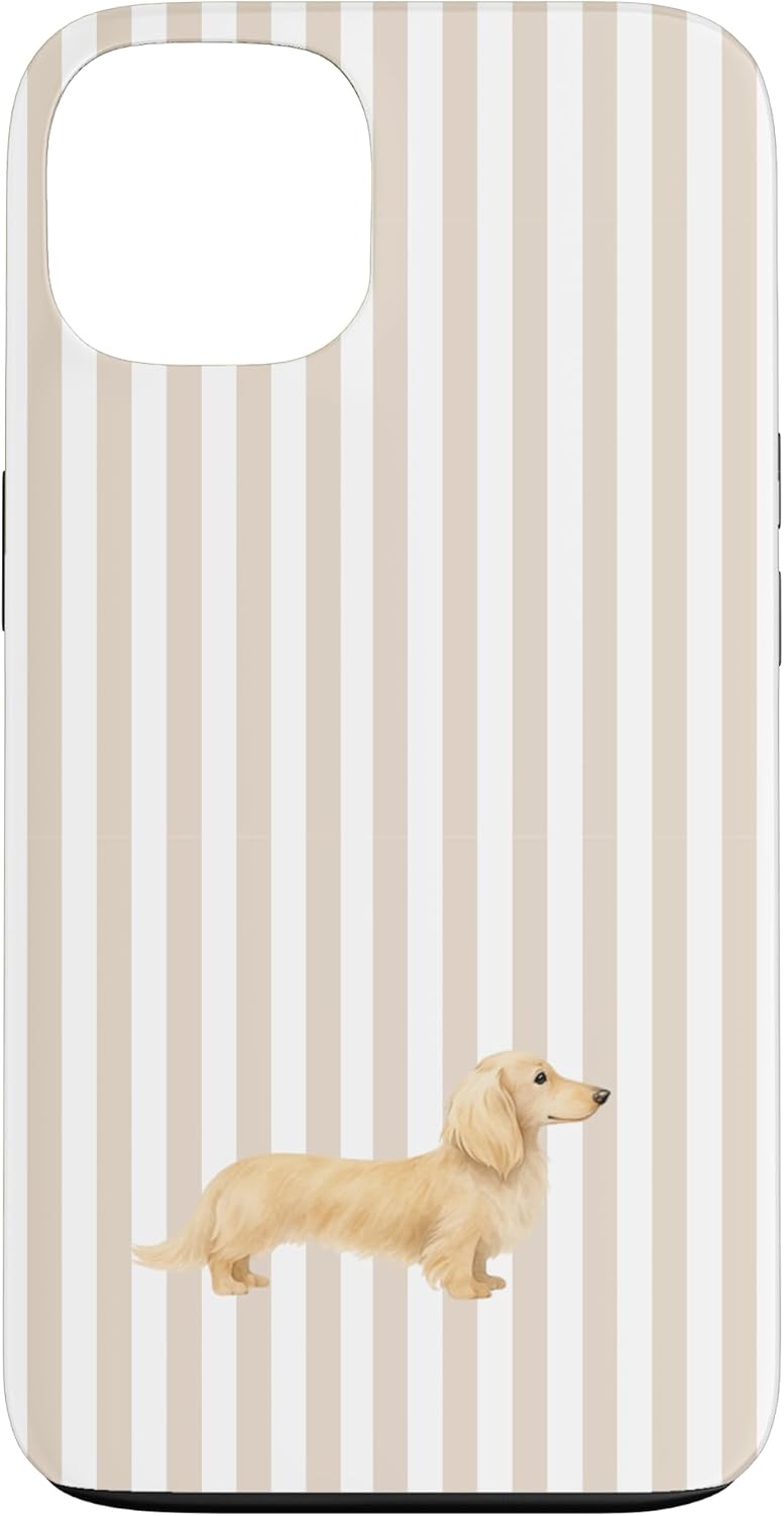 Blonde Cream Long-Haired Dachshund on Taupe & White Stripes Case for iPhone 17 Pro