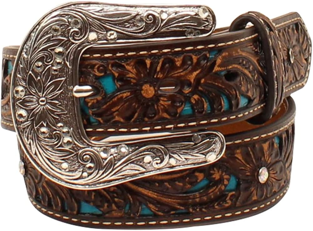 ARIAT Cinturón floral brillante con diamantes de imitación para niñas, Marrón