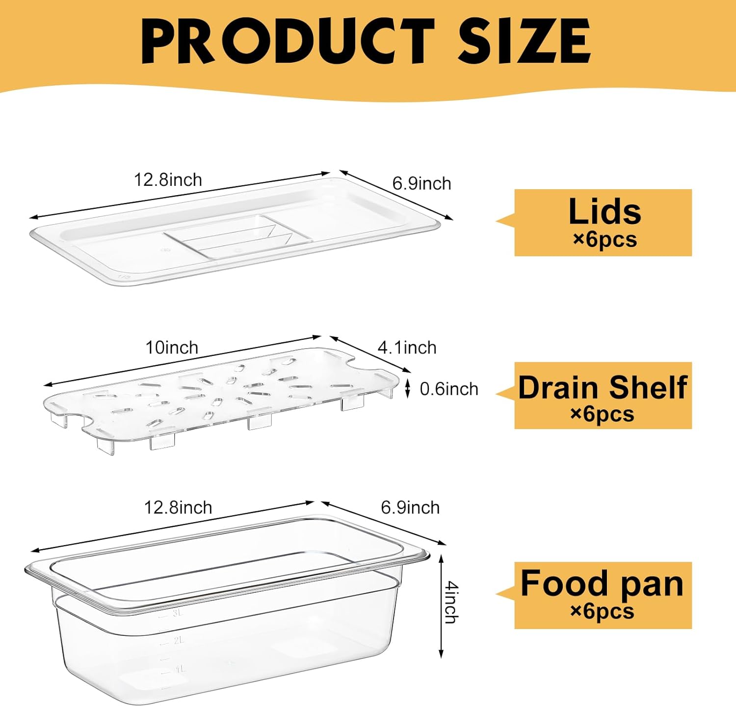Sunnyray 6 Set 1/3 Size Polycarbonate Food Pans with Lids and Drain Shelf Clear Square Food Storage Containers for Kitchen Restaurant Fruit Vegetable Food Container and Storage (4 Inch Deep)