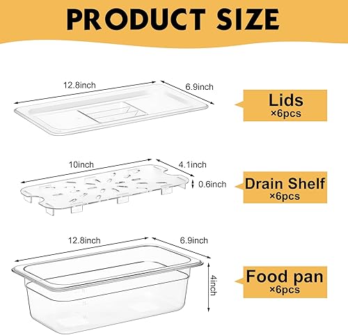 Miniatura 3 de Sunnyray Juego de 6 bandejas de policarbonato de tamaño 13 con tapas y estante de drenaje, recipientes cuadrados transparentes para almacenamiento