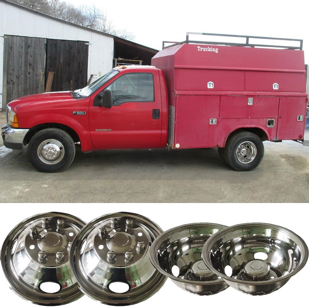 16" Polished Stainless Steel Dually Wheel Simulator fit for 1974-1998 Ford F350, 2008-2021 E350/E450 Van,1974-1999 Dodge Ram 3500,4pcs Bolt On Hubcaps,8 Lug 4 Hand Hole Wheel Cover 16F8