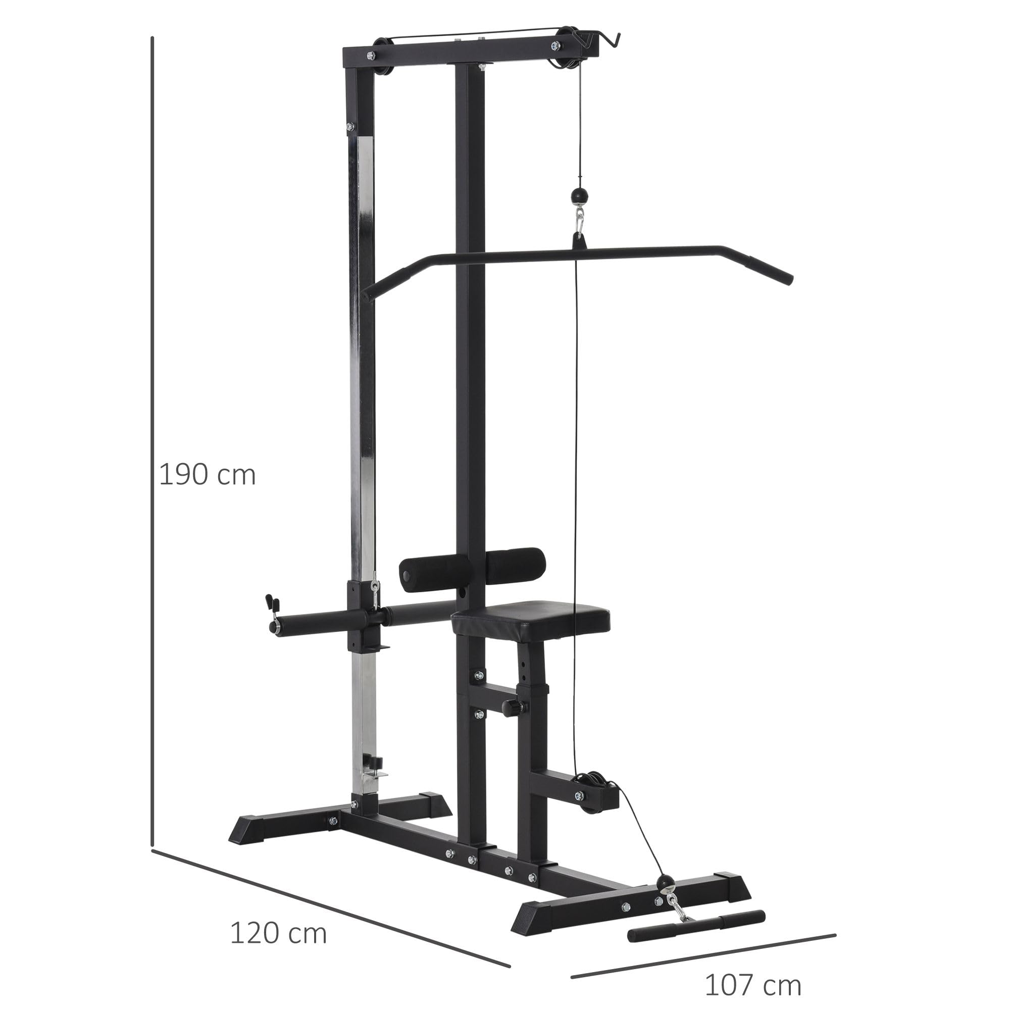 HOMCOM Latzugstation, Verstellbar Latzugturm mit Trizepsstange Latzugstange, Kabelzugstation bis 280kg Belastbar, Fitnessstation, Latzugmaschine, Latzug-Station für Zuhause Stahl Schwarz