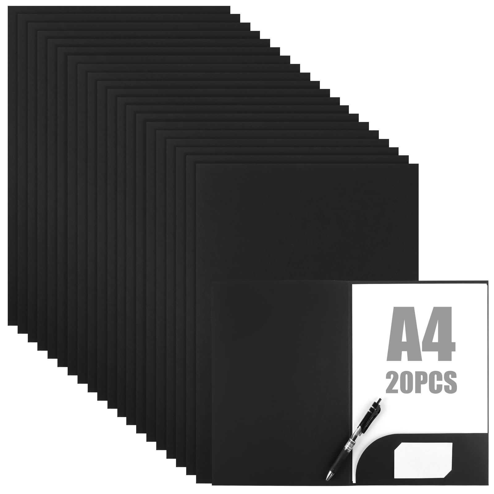 CYEER Lot de 20 Chemises de Présentation A4 en Papier Kraft Noir, Pochette à Rabats avec Fente pour Carte de Visite, Porte-Documents Professionnel pour Bureau, Séminaires, Études et Entretiens