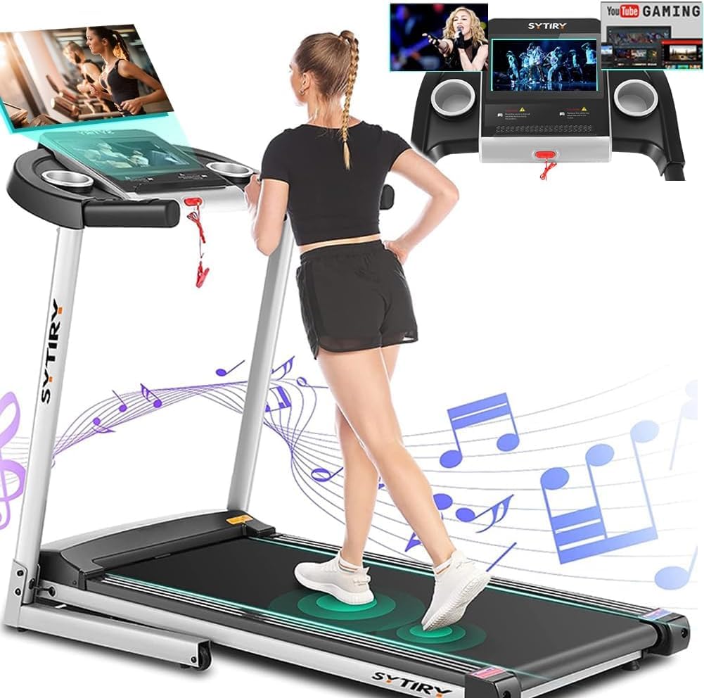SYTIRY Treadmills for Home with TV Screen and WiFi,Smart Foldable Treadmill Machine,3D Virtual Sports Scene,HiFi Speakers,Popular APP for Social Networking,Video,and Search,Walking Pad Treadmill