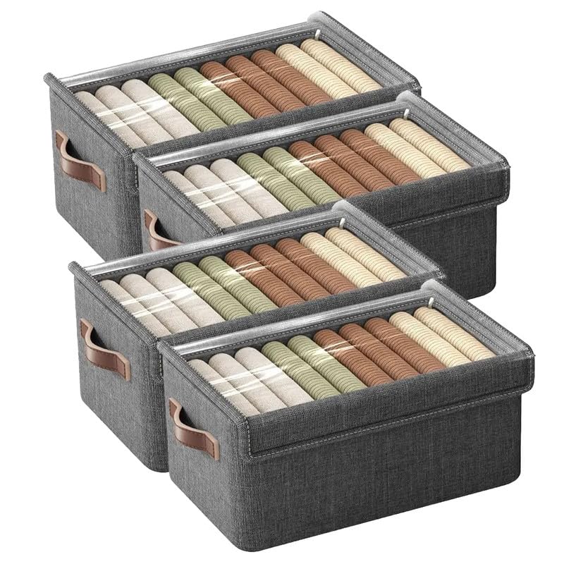 PRIME PICK Storage Box & Cloth Organiser Pack of 4 clothes organizer Non-Woven Wardrobe Organizer for Storage Foldable Washable Box with Lid Metal Frame & Handles Ideal for Almirah Drawer etc.