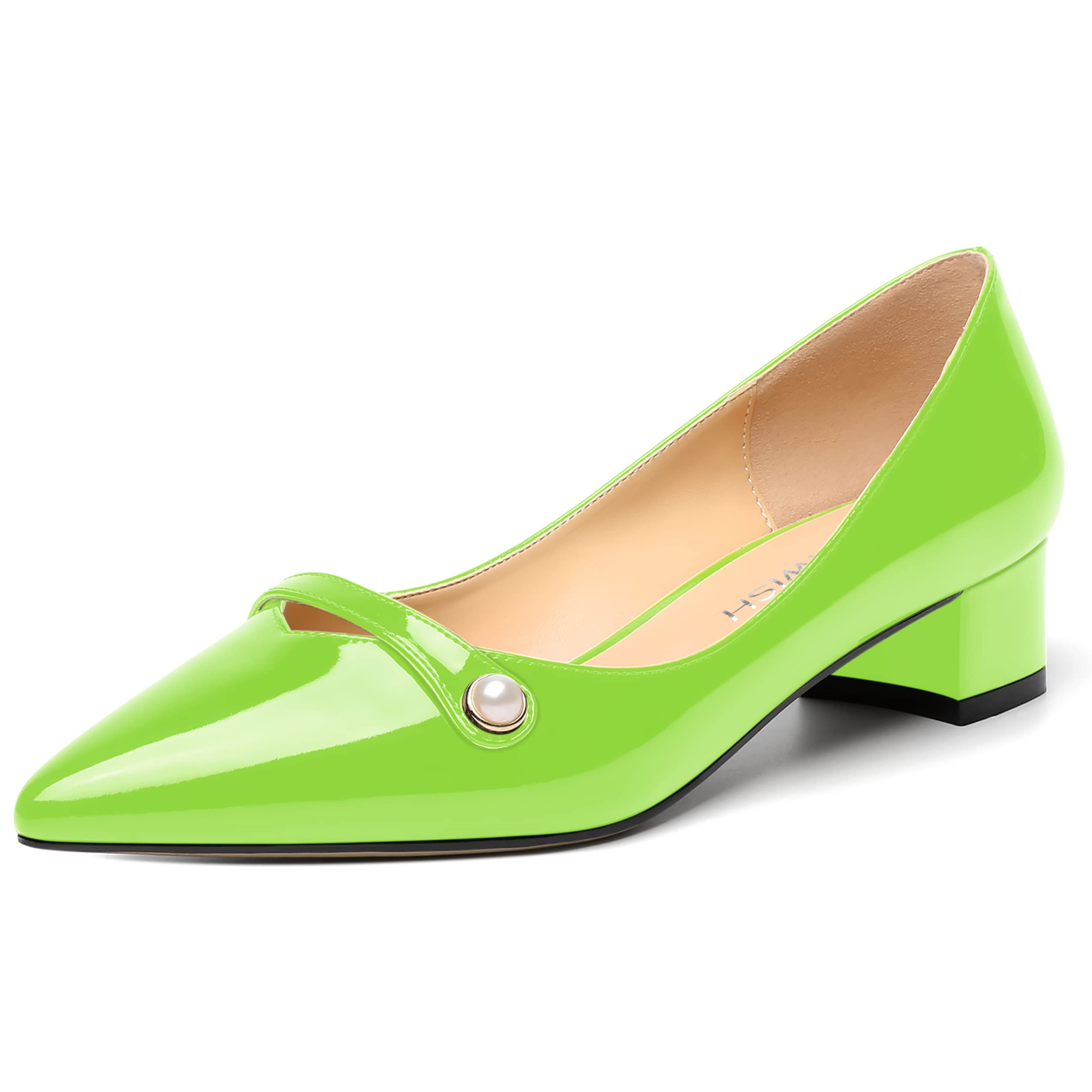 ROSERWISHWomens Work Wedding Slip On Patent Pointed Toe Cute Chunky Low Heel Pumps Dress Shoes 1.5 Inch