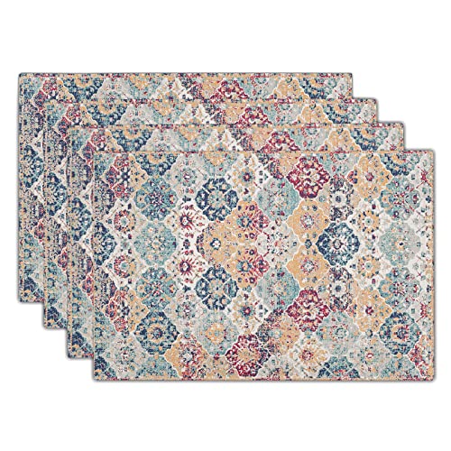 Image of Ethnic Boho Placemats Set of 4 Bohemian Carpet Vintage Rust Coral Floral Carpet Linen Washable Kitchen Dining Table Mats Stain Heat-Resistant Desktop Decor Place Mats 12x18 in