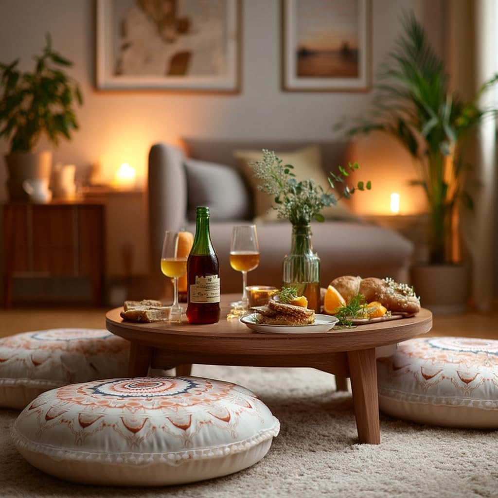 Cojín de Meditación Redondos, Almohada de Suelo con Funda Extraíble y Lavable, 80 cm Cojín de Yoga Ergonómico con Detalles de Pompones, Uso Interior/Exterior, marrón