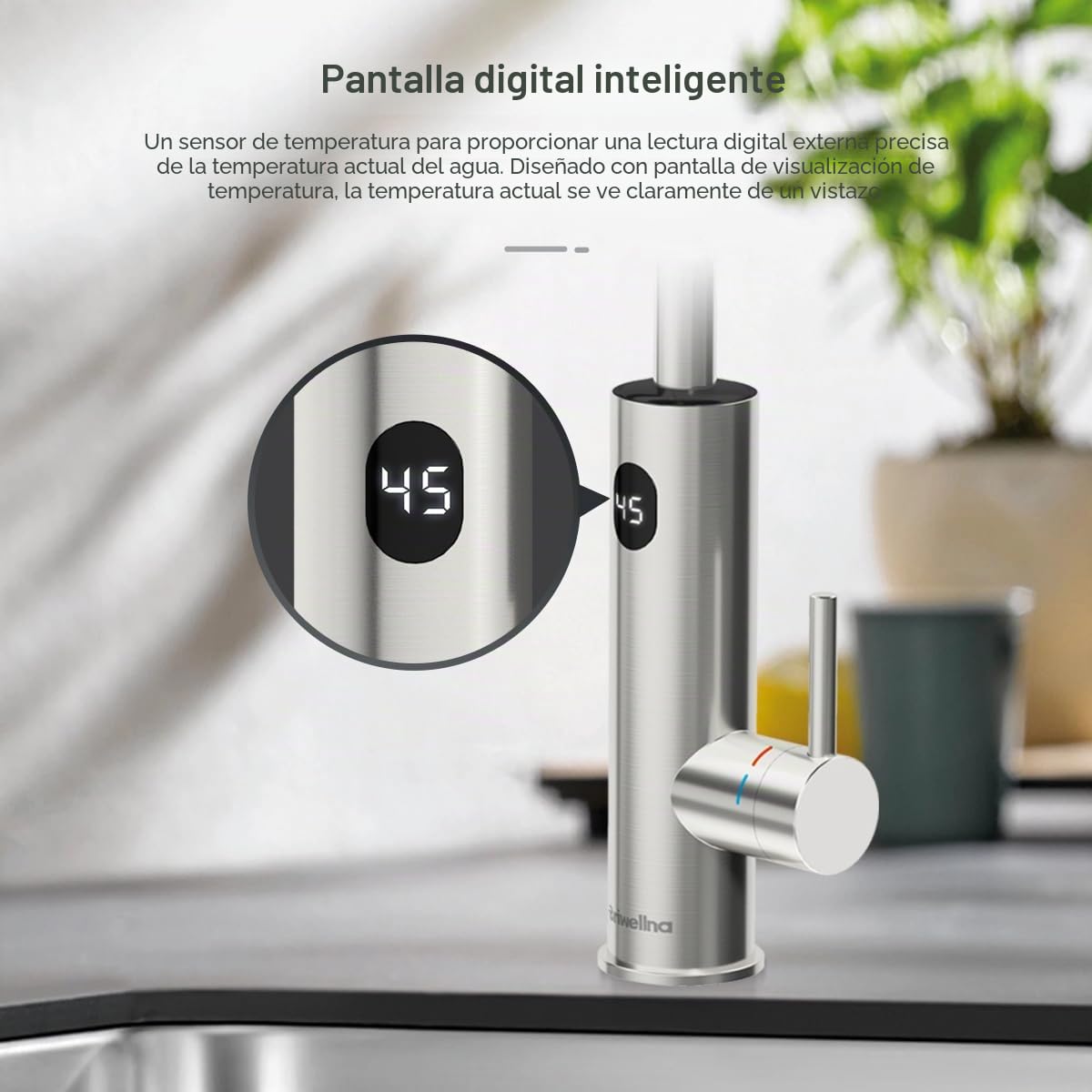 Grifo eléctrico con calentador de agua (220 V, rotación de 360° y pantalla digital, grifo de agua caliente con boquilla universal (plata)