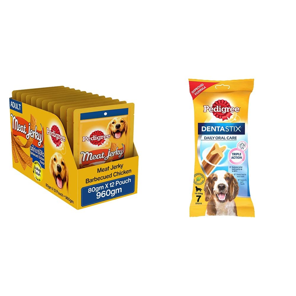 Pedigree Adult Dog Treat Sticks Meat Jerky Stix, Barbecued Chicken, 12 Packs (12 x 80g) & Pedigree Dentastix Medium Breed (10-25 kg) Oral Care Dog Treat, 180g Weekly Pack (7 Chew Sticks) (B0B8ZCSVG5) Amazon Price History, Amazon Price Tracker