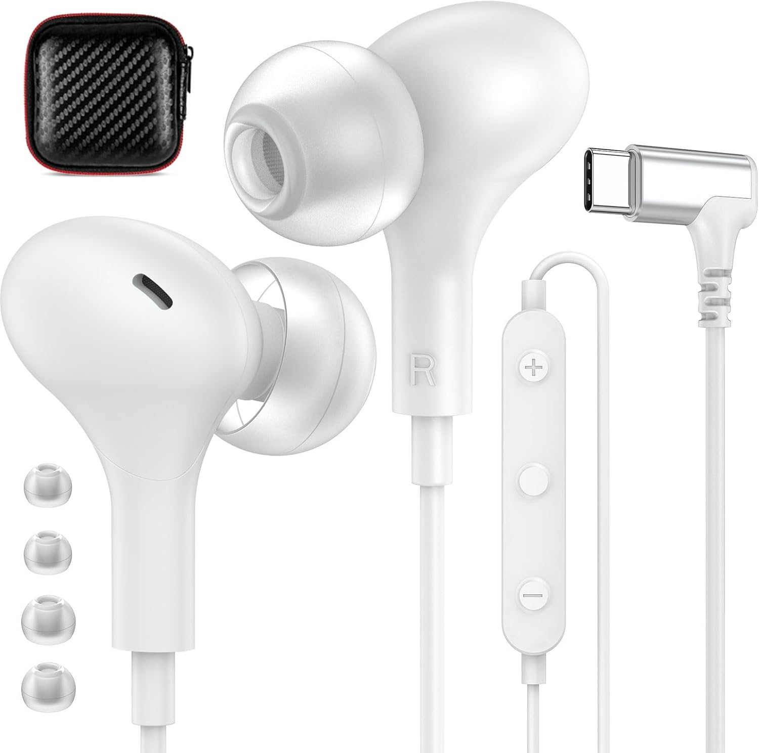 APETOO USB C Headphones Magnetic Wired Earbuds Noise Canceling Right Angle Type C in-Ear Earphones with Mic Volume Control Stereo Bass for iPhone 17 16 15/iPad Pro/Samsung/Google Pixel/OnePlus, White