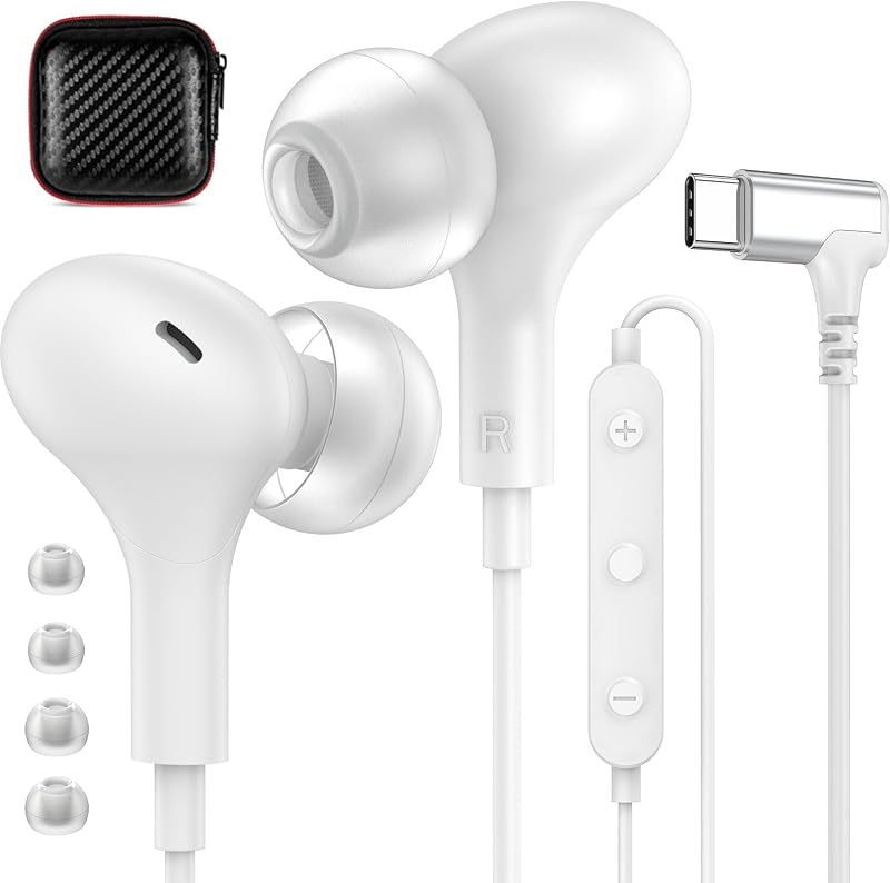 APETOO USB C Headphones Magnetic Wired Earbuds with Mic & Volume Control | Type C Right Angle In-ear Earphones Noise Canceling, Stereo Bass for iPhone 17 16 15/iPad Pro/Samsung/Google Pixel/OnePlus