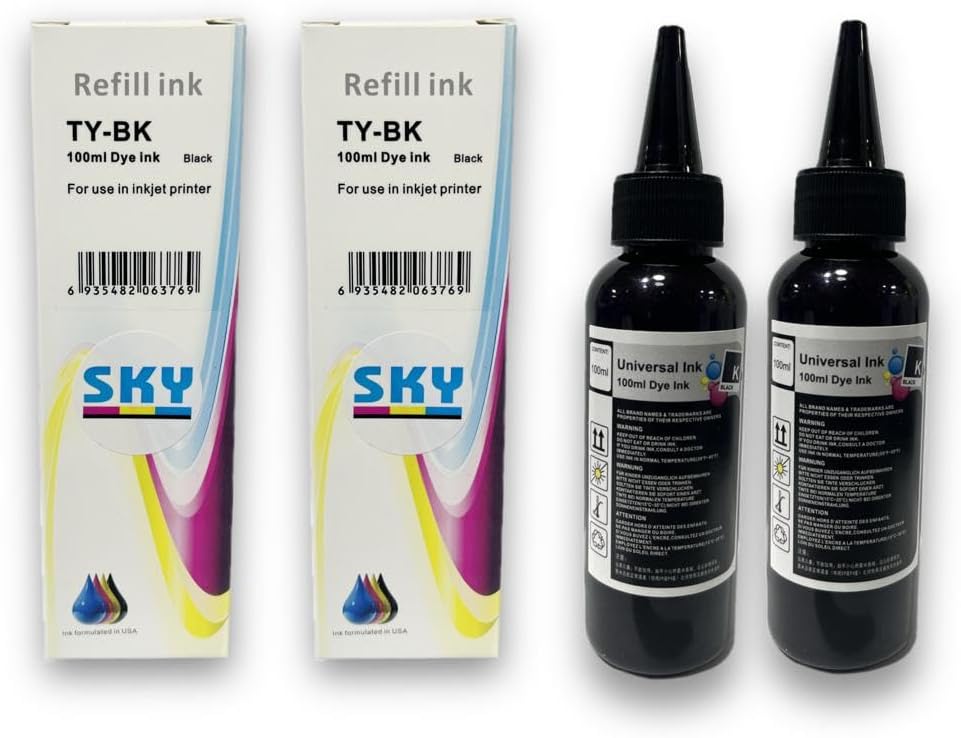 SKY 2-Pack 100ml Black Universal Printer Ink/Refill Dye Ink suitable for refilling HP 123 305 652 650 651 653 122 901 47 60 61 63 62 64 65 901 21 22 78 45 and ink tank printers