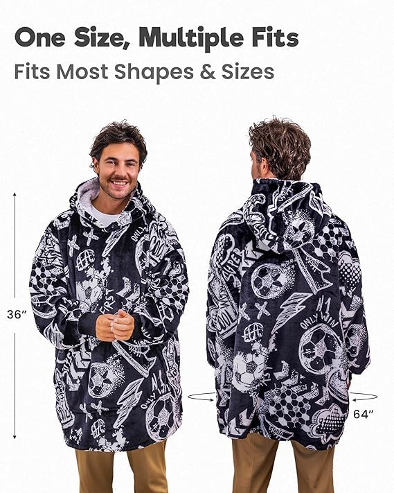 The Big Softy Oversized Blanket Hoodie Men, Football Graphic Print Black Oversized Hoodie, Soft Sherpa Warm Hooded Blanket - Image 4