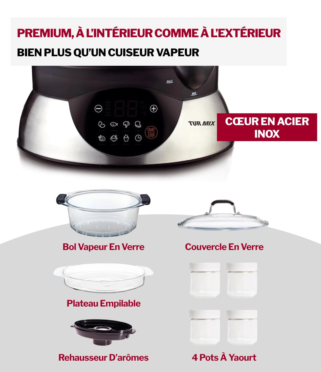 Turmix Steamer CX 220 – Cuiseur vapeur 5,2 L avec récipients en verre et écran numérique, commande tactile, fonction de maintien au chaud, démarrage différé, programme yaourt