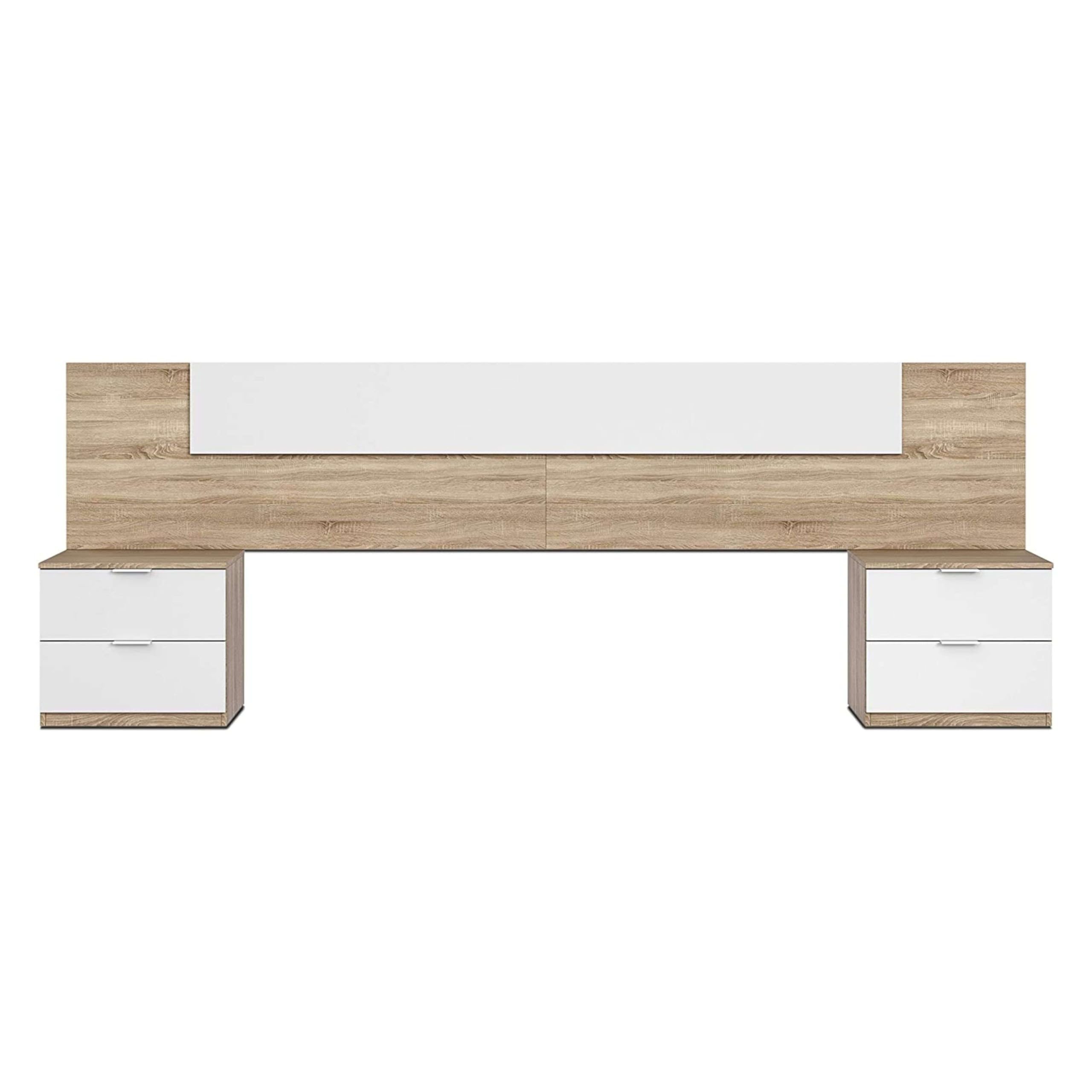 Habitdesign Cabezal + Dos Mesitas de Noche, Cabecero y Mesitas, Modelo Alaya, Acabado en Blanco Artik y Roble Canadian, Medidas: 247 cm (Ancho) x 50 cm (Alto) x 38 cm (Fondo)
