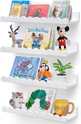 Estantes festoneados, juego de 4 estantes flotantes blancos premontados de 15.6 pulgadas, estante festoneado para libros, decoración de pared para