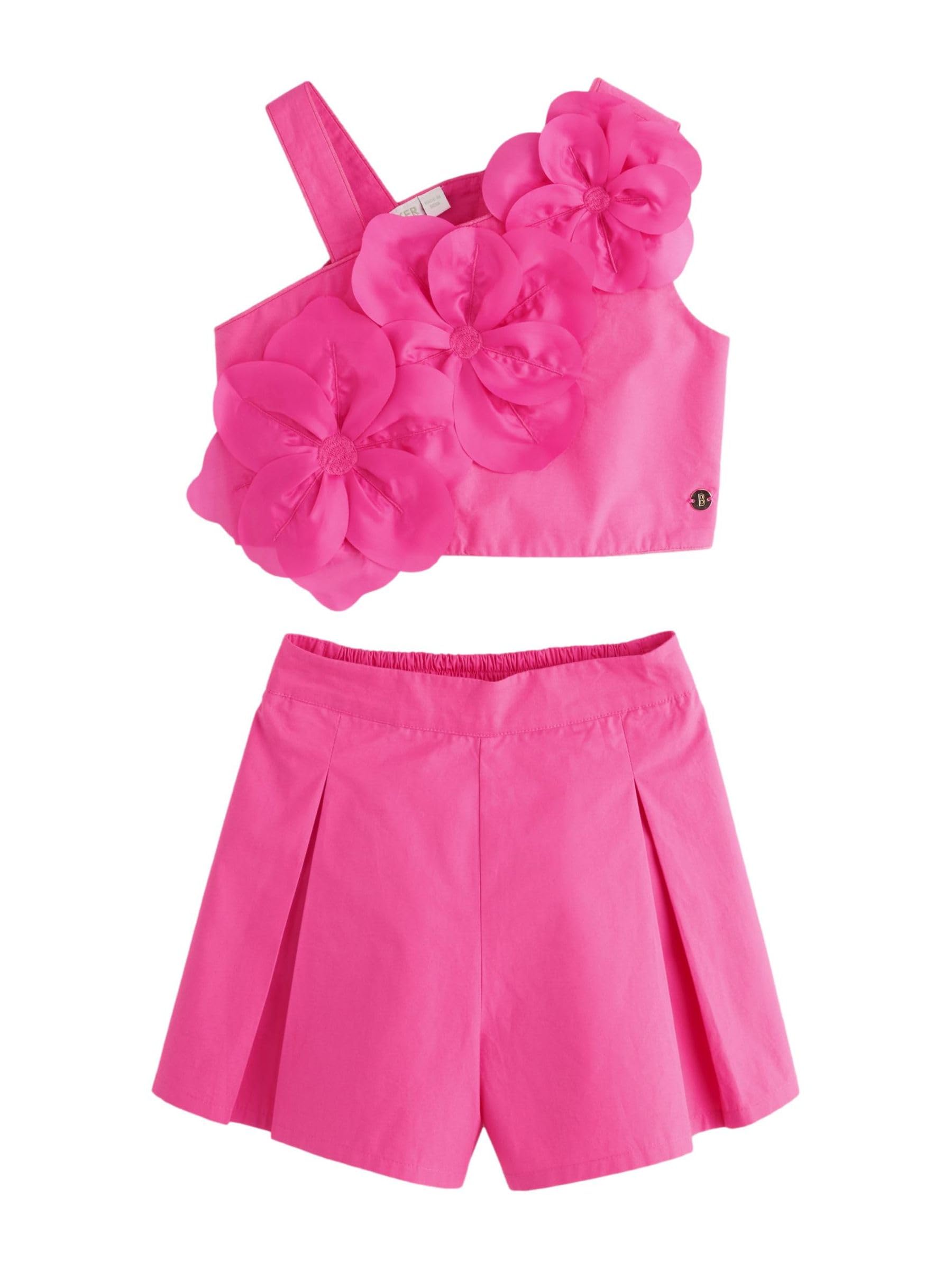 Niñas Conjunto de 2 piezas de top rosa con flores en 3D en un hombro y pantalones cortos
