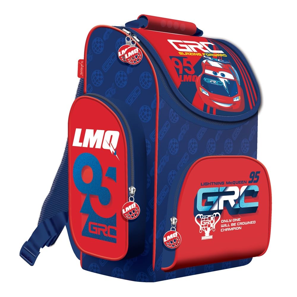 Familando - Schulranzen Set - 8-teilig mit Lunch-Set - Disney Cars - Ergonomisch, stabil & mit gepolstertem Rücken - 1010g leicht - 15L Volumen - Mit Reflektoren - Für Grundschule ab 1. Klasse