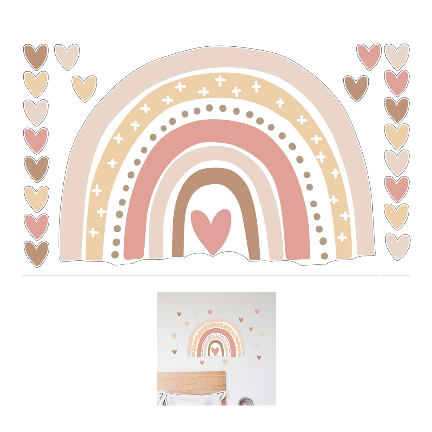 1 juego de pegatinas de pared arcoíris, papel tapiz bohemio, decoración de pared de habitación infantil, pegatinas de corazón arco iris para decoración de dormitorios y dormitorios, adecuado para