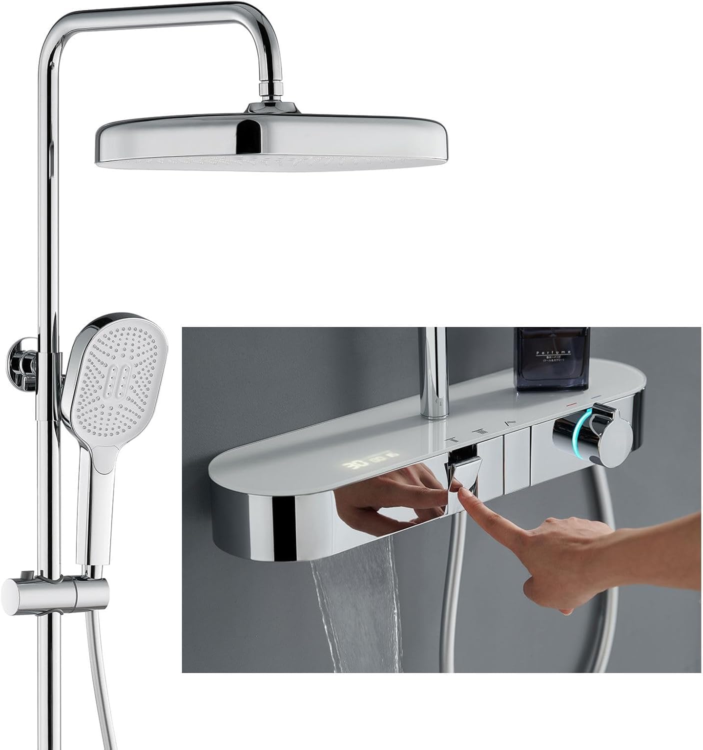 Sistema de ducha termostático, juego de cabezal de ducha moderno y lujoso de 360 x 250 mm, llave de piano, pantalla digital, grifo de baño de cascada, juegos completos y de mano, válvula de cobre