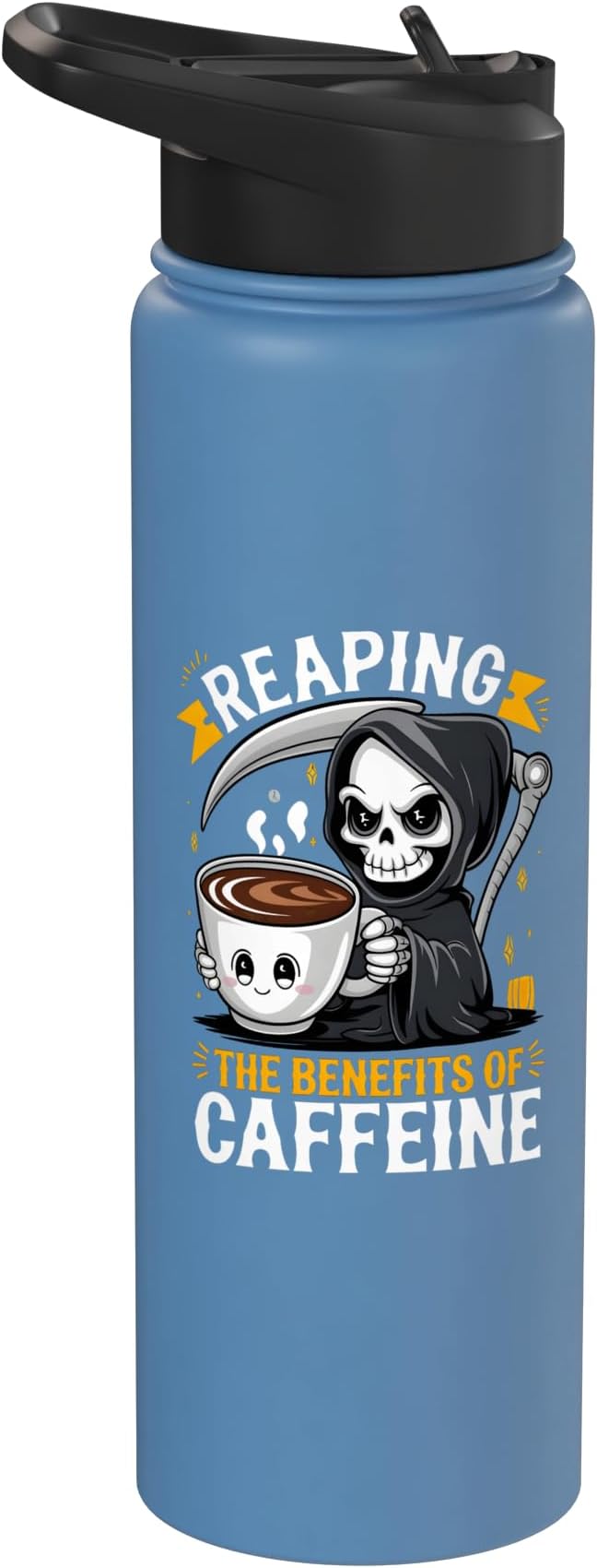 Reaping the benefits of Caffeine. Grim Reaper Coffee Barista Stainless Steel Insulated Water Bottle