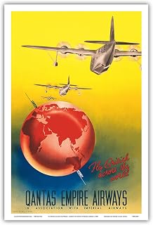 Fly British across the World - London to Sydney - Qantas Empire Airways (QEA) - Vintage Airline Travel Poster by Russell Roberts c.1935 - Master Art Print (Unframed) 6in x 9in