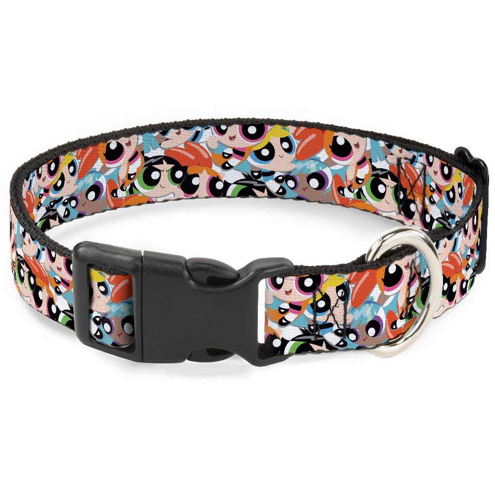 Warner Bros. Dog Collar with Plastic Clip, Quick Release, Easy Adjustable, The Powerpuff Girls Expressions Stacked, 16 to 23 Inches 1.5 Inch Wide