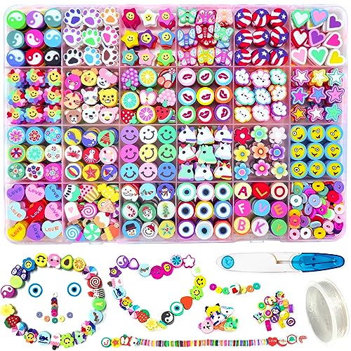MontoSun - 666PCS Flower Fruit Polymer Clay Beads Charms 24 Styles Cool Fun Cute Preppy Beads for Jewelry Making Girls Indie Aesthetic Beads DIY Bracelet Accessories Kit 5m Crystal Elastic String for Kids